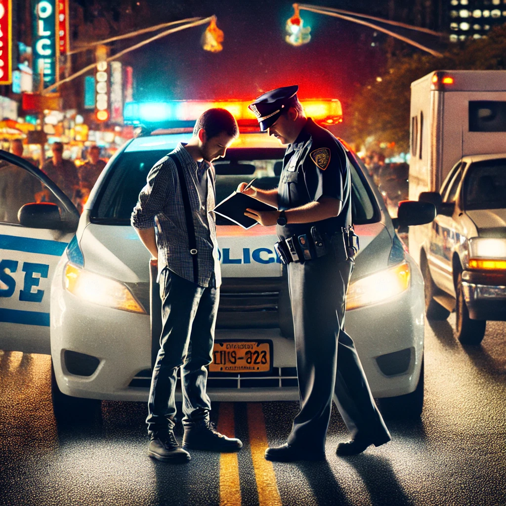 Es posible conducir sin prueba licencia en Nueva Jersey -Conductor detenido por un oficial de policía en Nueva Jersey por manejar sin licencia. La patrulla tiene las luces encendidas mientras el conductor entrega documentos.