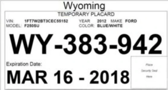 Modelo de ejemplo de placas temporales en Wyoming