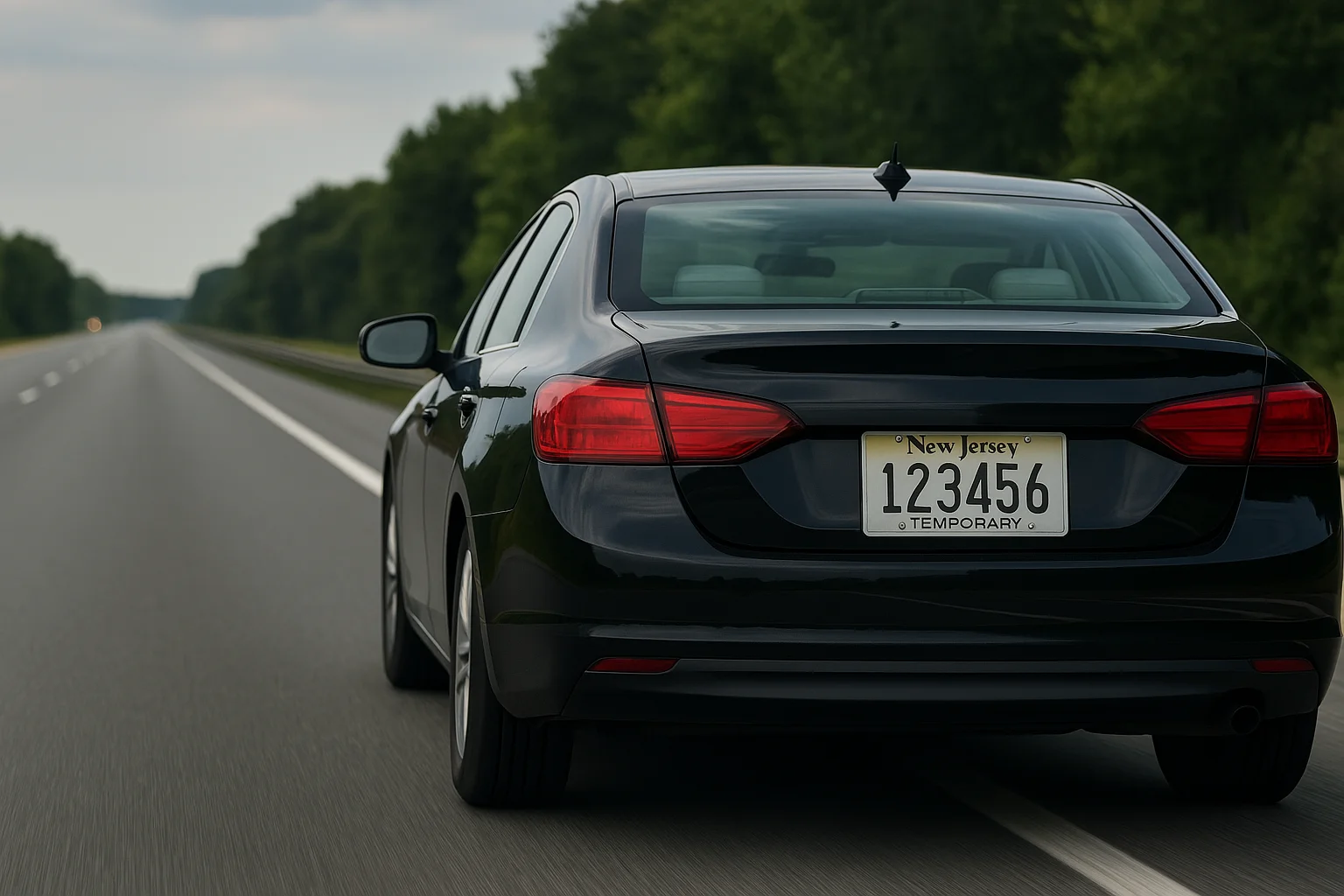 Se puede viajar con placas temporales de New Jersey - Imagen de un vehículo negro circulando por una autopista, enfatizando el uso de placas temporales en viajes largos. 