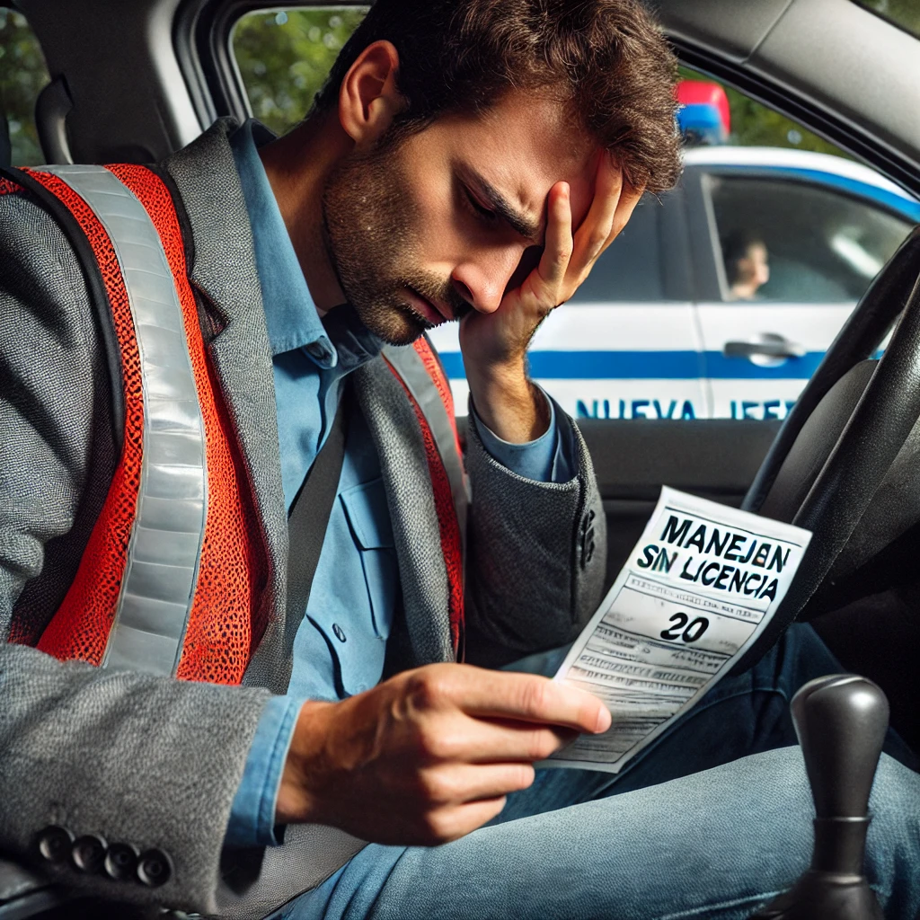 Conductor preocupado revisando una multa de tránsito en Nueva Jersey por manejar sin licencia de conducir