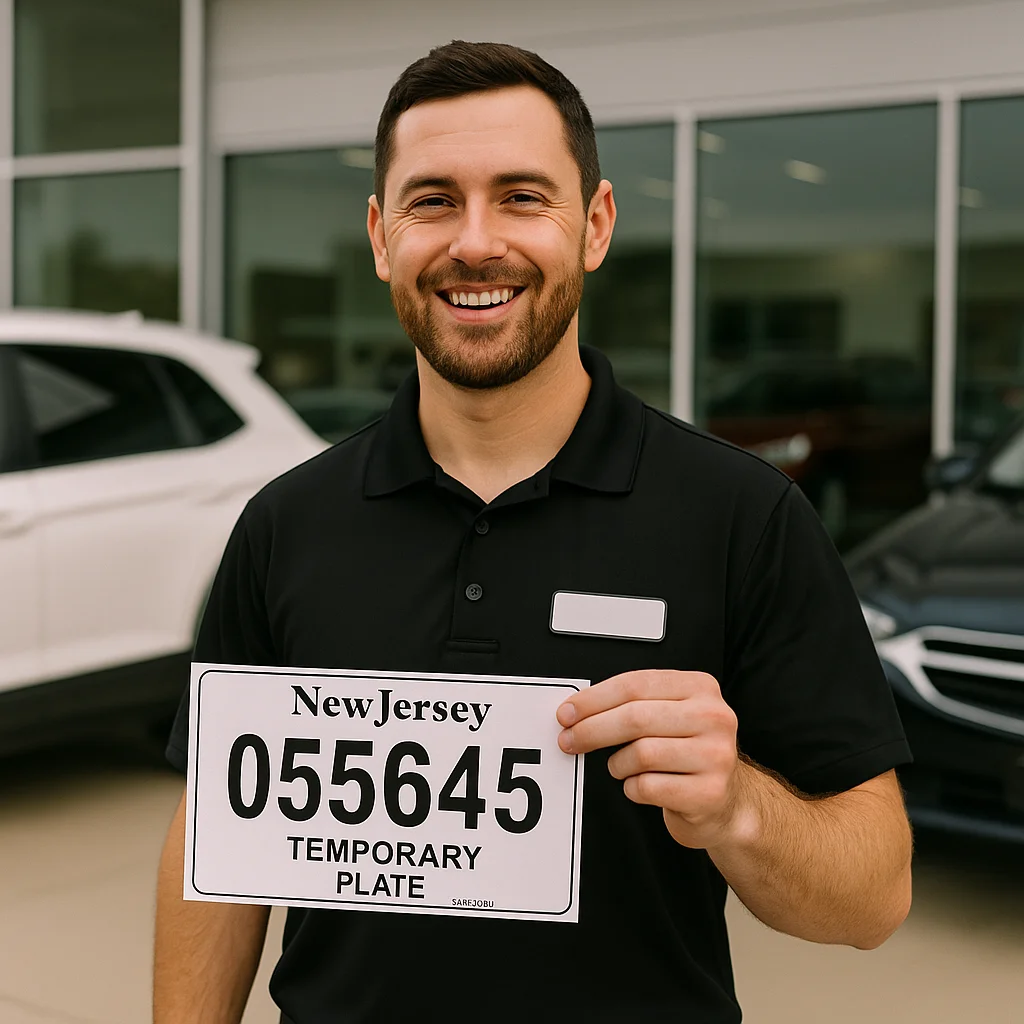 Empleado de concesionario en New Jersey sostiene una placa temporal de dealer, ideal para ilustrar temas sobre cómo sacar placas temporales en NJ y procesos legales en concesionarios. 