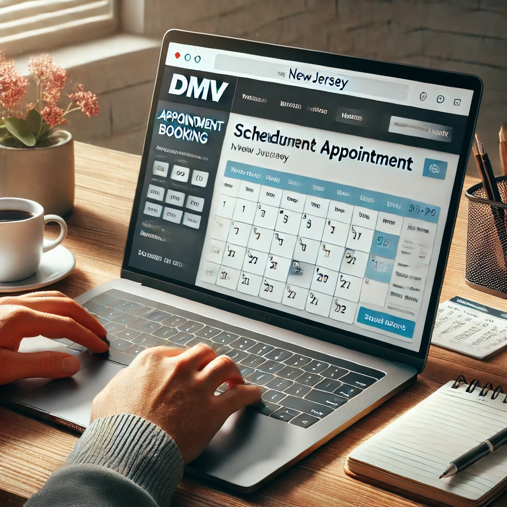 Persona usando una laptop para agendar cita en el DMV de New Jersey – Un usuario navegando en el sitio web oficial del DMV de New Jersey para programar una cita en línea de manera rápida y sencilla.