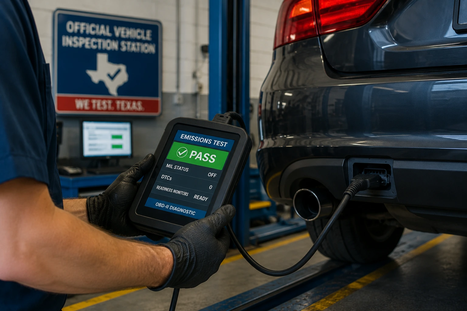 Prueba de emisiones OBD-II en Texas Técnico realizando una prueba de emisiones OBD-II a un vehículo en una estación de inspección de Texas