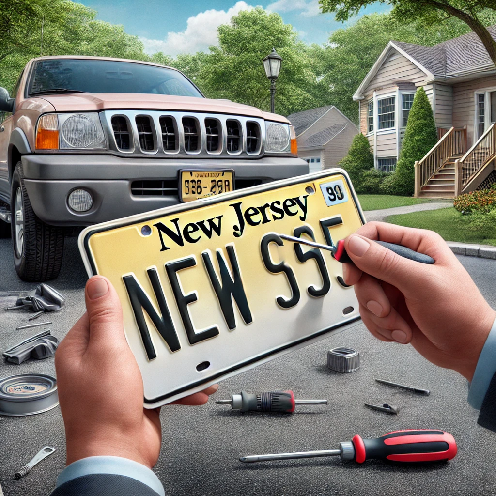 Persona cambiando las placas de su vehículo en New Jersey antes del vencimiento, asegurando el cumplimiento de las regulaciones estatales.