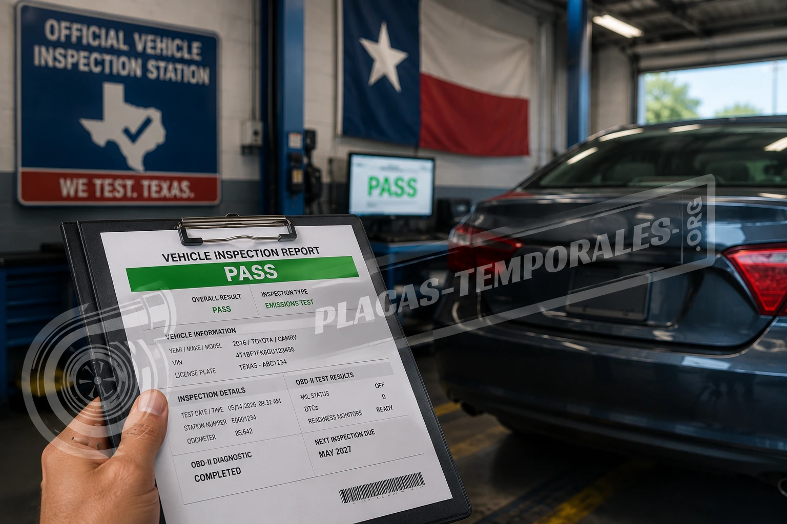 Vehicle Inspection Report (VIR) aprobado en Texas Vehicle Inspection Report VIR con resultado aprobado después de una inspección de emisiones en Texas