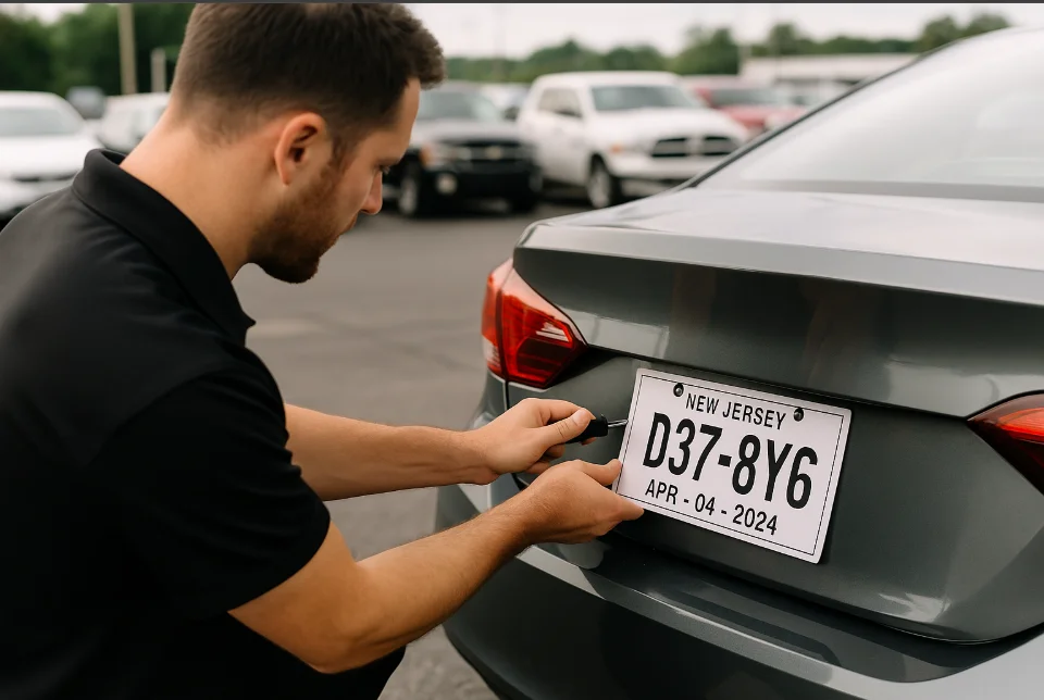 Dealer atornillando placa temporal de New Jersey en vehículo dentro de concesionario.