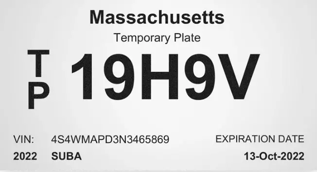 Modelo de ejemplo de placas temporales en Massachusetts