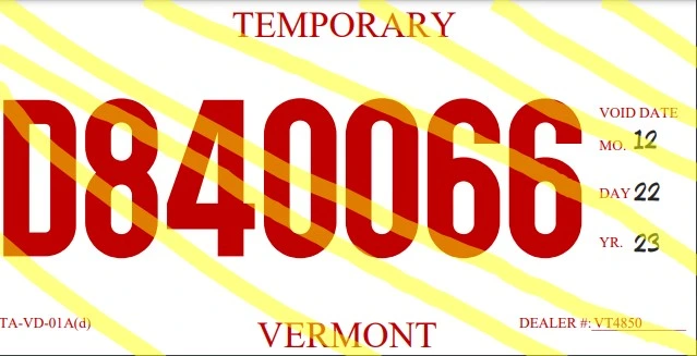 Modelo de ejemplo de placas temporales en Vermont