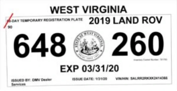 Modelo de ejemplo de placas temporales en West Virginia