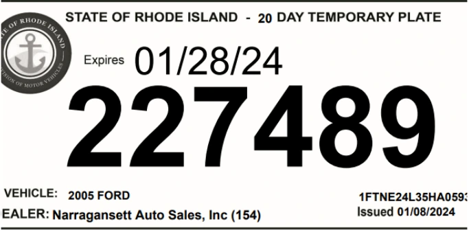 Modelo de ejemplo de placas temporales en Rhode Island