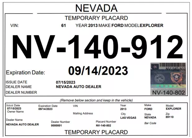 Modelo de ejemplo de placas temporales en Nevada