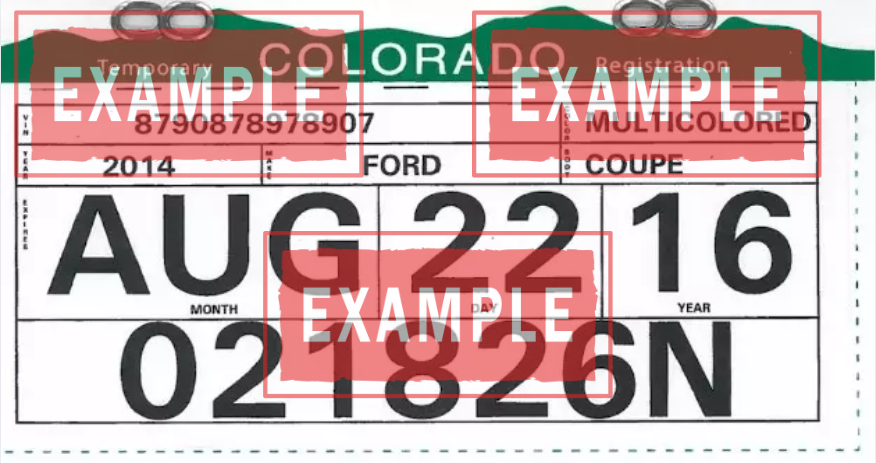 La placa temporal Colorado es un permiso de papel impreso por el dealer que indica la fecha de vencimiento (60 días estándar) y confirma tu registro provisional legal.