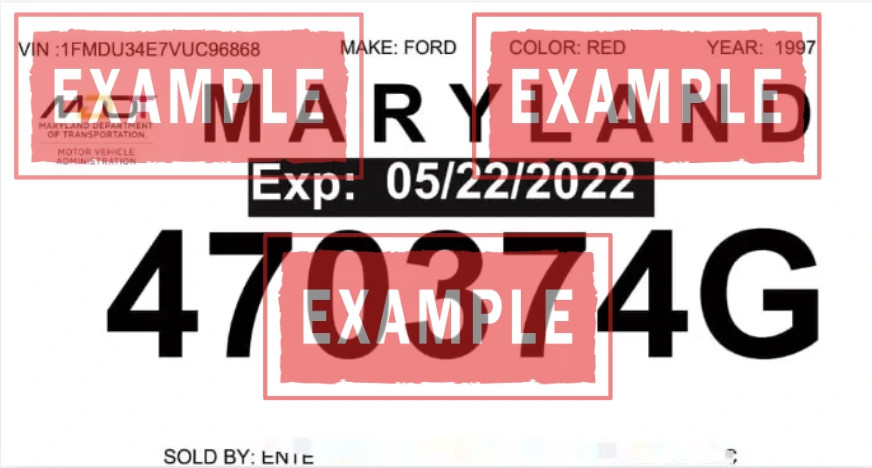 La placa temporal Maryland es un permiso de papel emitido electrónicamente por la MVA (o el dealer) que debe ser visible en el vehículo. Muestra la fecha de vencimiento (60 días estándar) y confirma tu registro provisional legal.
