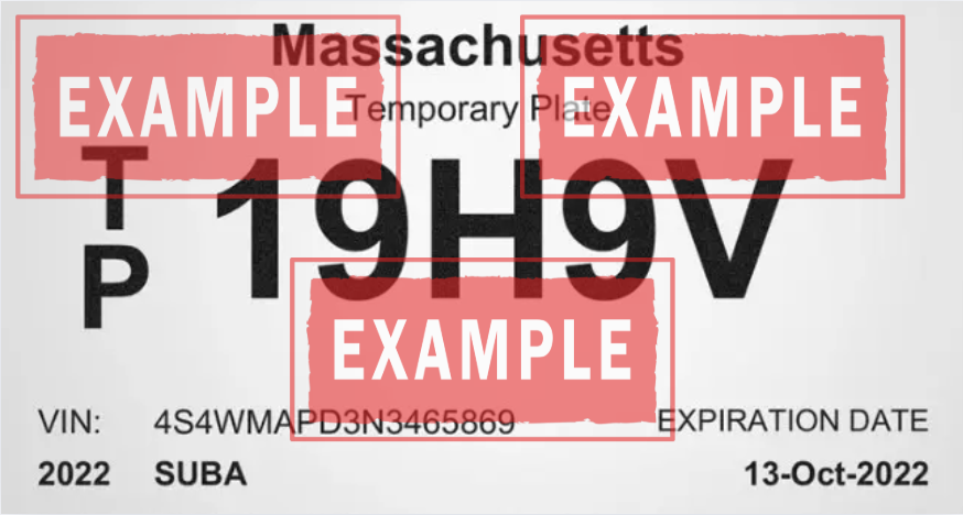 La placa temporal Massachusetts (para no residentes) es un documento de papel que el dealer imprime con el número de registro temporal. Este permiso temporal RMV debe estar claramente visible en la parte trasera del vehículo. Para los residentes, el "permiso temporal" es el derecho a conducir durante 7 días con su placa anterior, acompañado de la documentación de registro emitida por el agente de seguros o el dealer.