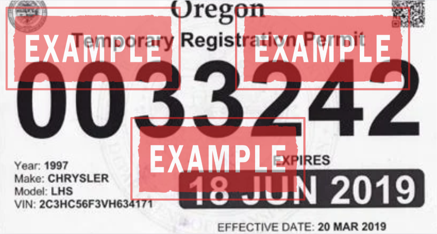 La placa temporal Oregon es típicamente un documento de papel impreso (el Trip Permit) que debe colocarse en un lugar visible del vehículo, generalmente en la ventana trasera. En lugar de una placa de cartón grande, es un permiso impreso que lleva la fecha de expiración claramente marcada, demostrando el pago y la validez legal para el ODOT DMV.