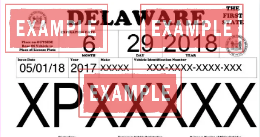 La placa temporal Delaware es un permiso de papel, a veces denominado Temporary Tag o Permit of Registration, que sirve como matrícula trasera del vehículo durante el periodo provisional de 90 días.