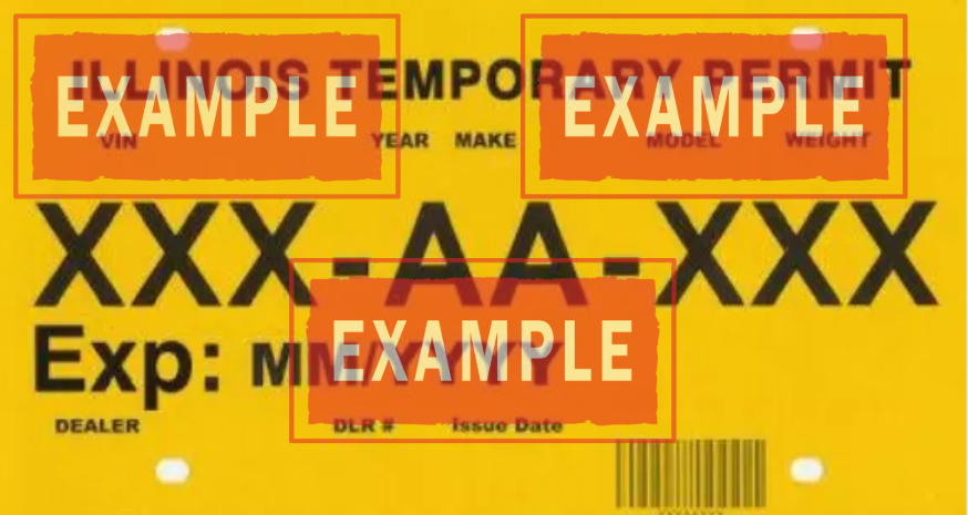 Esta es una placa temporal Illinois típica, un permiso de papel que la Secretaría de Estado (SOS) te permite exhibir en tu vehículo. Contiene la fecha de vencimiento (generalmente 90 días), el número de VIN y la información del dealer. Es tu prueba visual y legal para conducir mientras esperas tus matrículas permanentes.