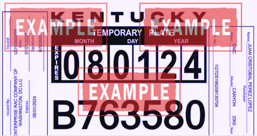 La placa temporal Kentucky es un permiso de papel (Temporary Registration Plate) emitido electrónicamente por el dealer o el County Clerk. Se coloca en la parte trasera del vehículo. Muestra claramente la fecha de vencimiento y se obtiene al finalizar el proceso de placas temporales de dealer en línea Kentucky.