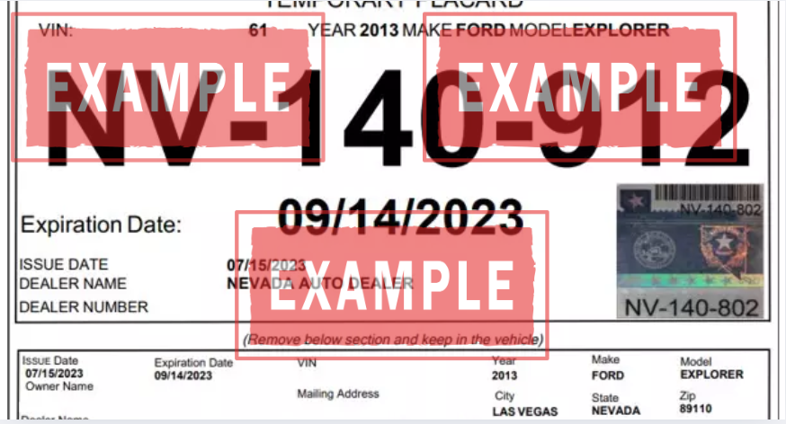 example placa temporal nevada La placa temporal Nevada es un permiso de papel emitido por el DMV que se adhiere al parabrisas. Muestra claramente la fecha de vencimiento (30 días o más) y confirma que tu vehículo tiene un registro provisional legal.