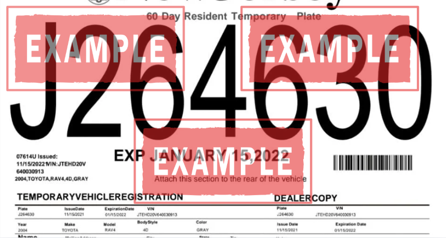 Ejemplo de placas temporales en New Jersey Ejemplo actual de las placas temporales NJ