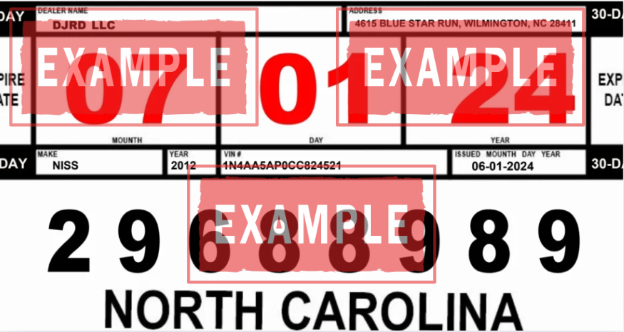La placa temporal carolina del norte (o Temporary Marker) es un permiso de papel emitido electrónicamente por el dealer o el NCDOT DMV. Debe ser colocado en la parte trasera del vehículo de forma visible. Muestra claramente la fecha de vencimiento (60 días estándar) y sirve como tu comprobante de placas temporales north carolina legal.
