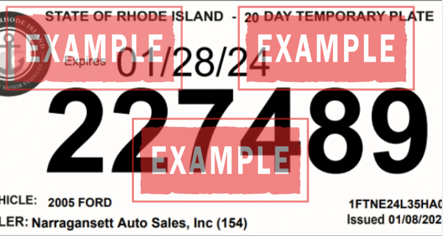 La placa temporal Rhode Island es un documento de papel que se emite a través del sistema electrónico del DMV y debe ser colocado en el vehículo.