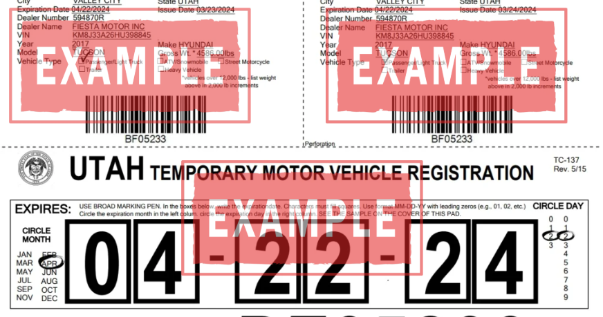 El permiso de placa temporal Utah es un documento de papel impreso (similar a un cartel grande) emitido electrónicamente por el dealer o el DMV.