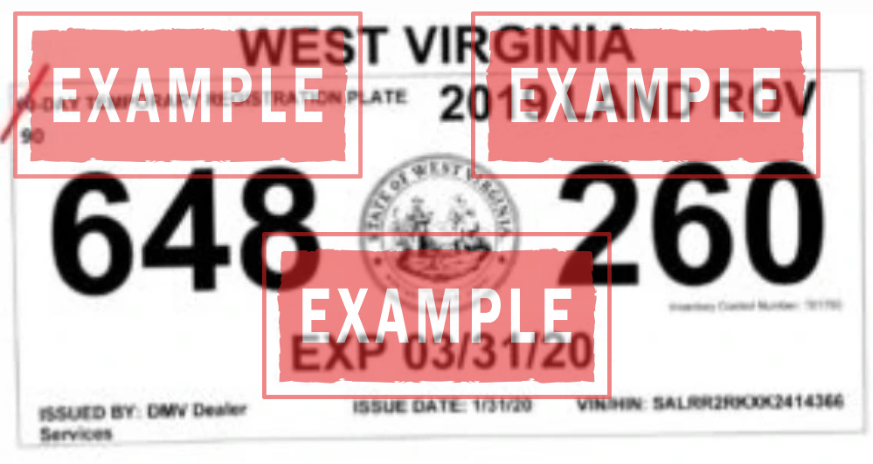 A continuación, se presenta un ejemplo ilustrativo de cómo luce la placa temporal de registro vehicular que se emite en West Virginia (WV), la cual certifica su permiso provisional para circular legalmente.