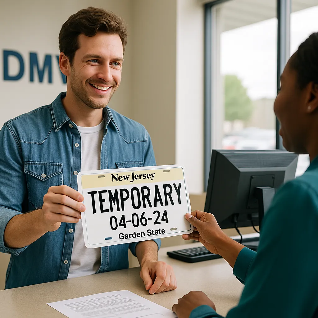 Hombre en una oficina del DMV completando el trámite para obtener su placa temporal, con documentos en mano y expresión de concentración.