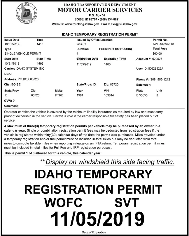 Modelo de ejemplo de placas temporales en Idaho
