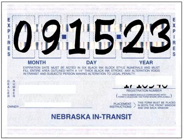 Modelo de ejemplo de placas temporales en Nebraska