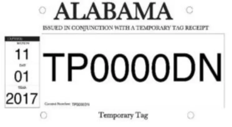 Modelo de ejemplo de placas temporales en Alabama