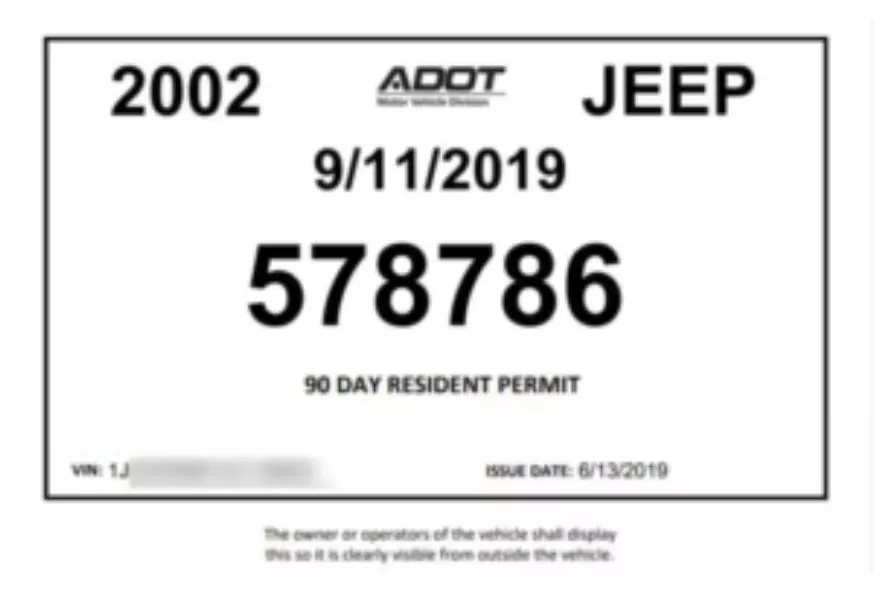 Formato de ejemplo de placas temporales en Arizona
