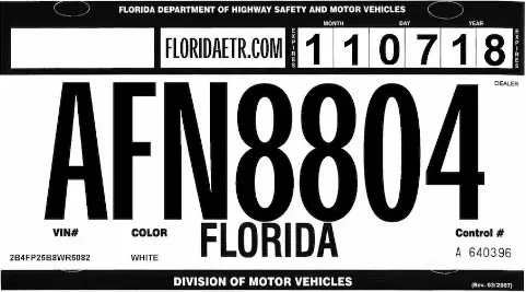 Ejemplo de placas temporales en el estado de Florida