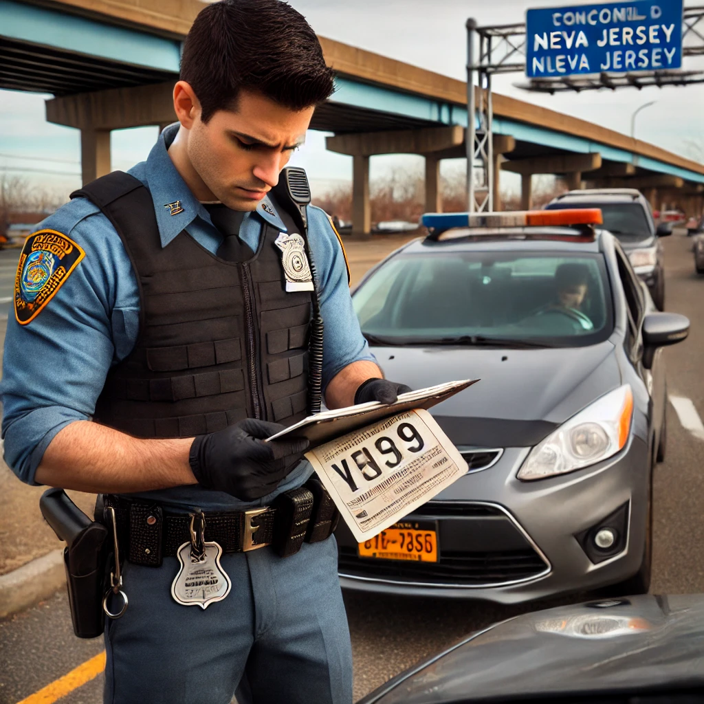 Un automóvil detenido en un control policial en Nueva Jersey debido a placas temporales vencidas. Un oficial revisa los documentos del conductor