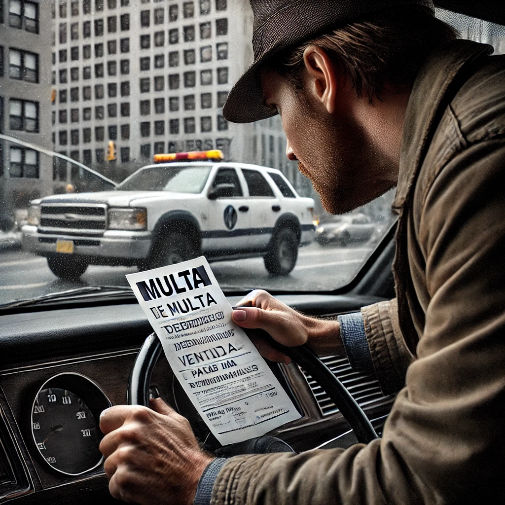 n conductor preocupado observando una notificación de multa en su parabrisas por tener placas temporales vencidas en New Jersey.