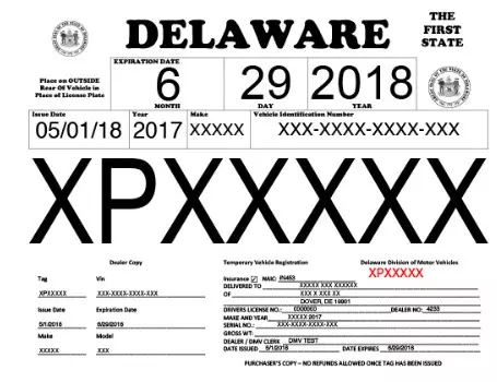 Cómo es un ejemplo de placas temporales en Delaware