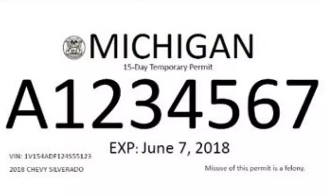 Modelo de ejemplo de placas temporales en Michigan