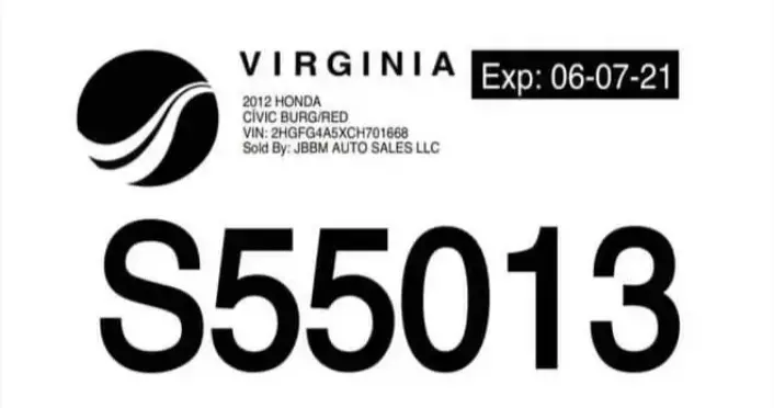 Ejemplo de placas temporales en Virginia