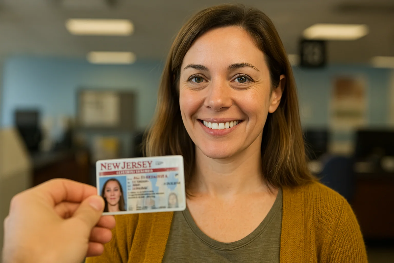 Una joven sonríe al recibir su licencia de conducir emitida por el Departamento de Vehículos Motorizados de New Jersey, marcando el inicio de una nueva etapa de movilidad y responsabilidad en el estado. 