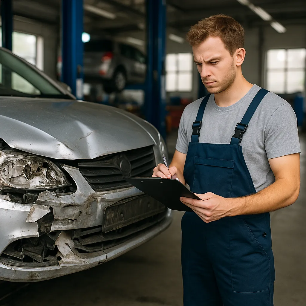mecánico revisando un coche en mal estado en un taller de New Jersey, ideal para ilustrar contenido sobre inspección de vehículos y fallos comunes que impiden pasarla.