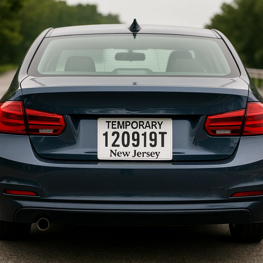 Se puede viajar con placas temporales de New Jersey - Fotografía de la parte trasera de un automóvil con placas temporales, mostrando su legalidad en carreteras interestatales. 